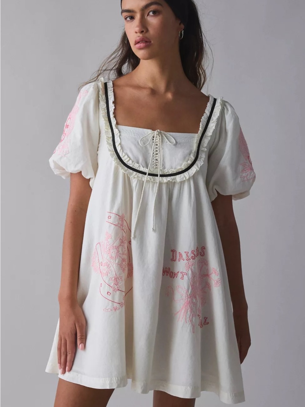 Kimchi Blue Bailey Embroidered White Puff Sleeve Babydoll Mini Dress